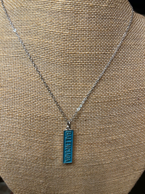 Balenciaga Silver Chain Necklace with Teal Logo Bar - Picture 3 of 5